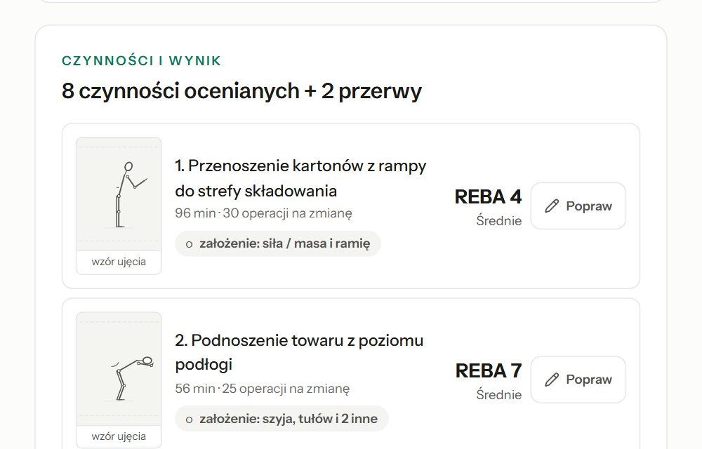 Nagranie z kreatora oceny obciążenia: kreator pyta o nazwę stanowiska — klient wpisuje „Magazynier”, zaznacza sprzęt „wózek paletowy ręczny” i ocenia pracę jako „ciężko na co dzień”. Na końcu widać stronę gotowego dokumentu z wynikiem REBA dla każdej czynności.