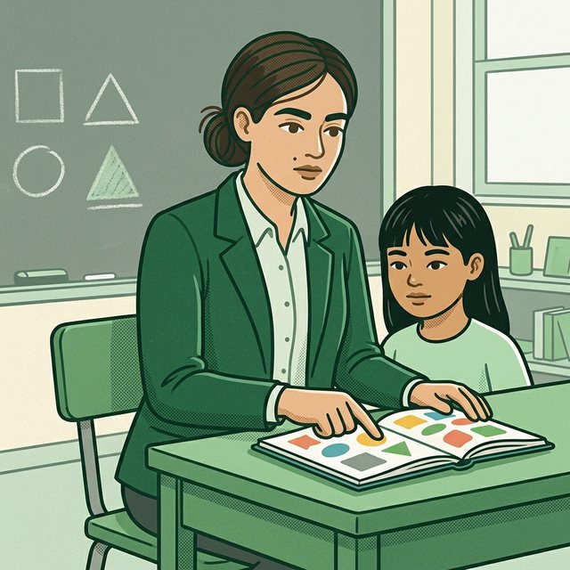 Pracownica w żakiecie siedzi przy ławce szkolnej i wskazuje palcem kolorowy obrazek w książce, obok siedzi dziewczynka, w tle tablica z kształtami geometrycznymi i okno.