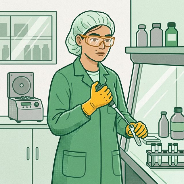 Pracownica w czepku, okularach ochronnych, fartuchu laboratoryjnym i rękawicach pobiera pipetą próbkę przy komorze z osłoną szklaną, obok wirówka i statyw z probówkami.