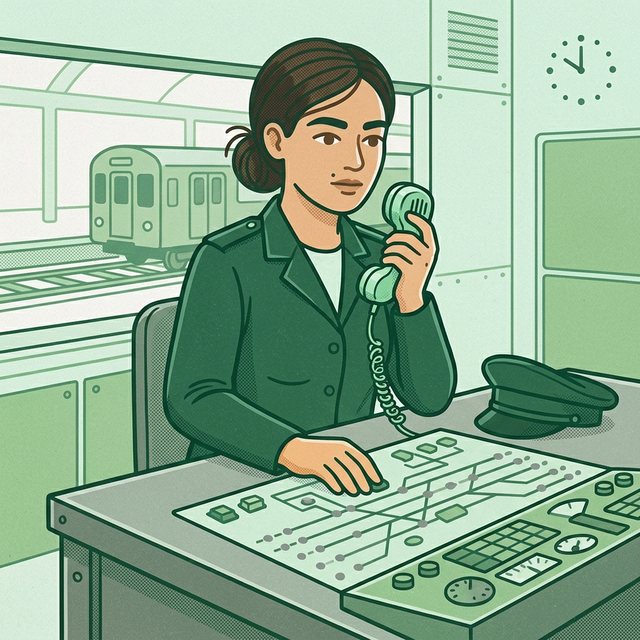 Pracownica w mundurze z czapką służbową na blacie trzyma słuchawkę telefonu przy uchu, drugą ręką dotyka pulpitu nastawni z planem torów, w tle pociąg na torach.
