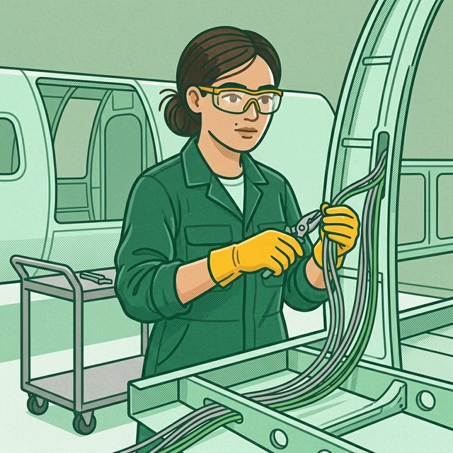 Pracownica w okularach ochronnych i rękawicach układa wiązkę przewodów elektrycznych przy wrędze kadłuba samolotu, w jednej ręce trzyma szczypce, obok wózek narzędziowy.