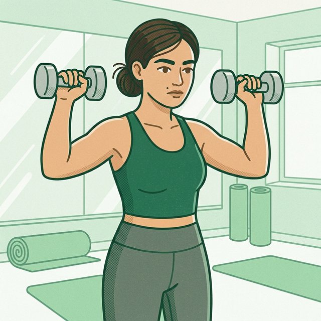Pracownica w sportowym topie i legginsach stoi na sali fitness i unosi hantle na wysokość barków w pokazie ćwiczenia, w tle maty, zwinięte pianki i duże okna.
