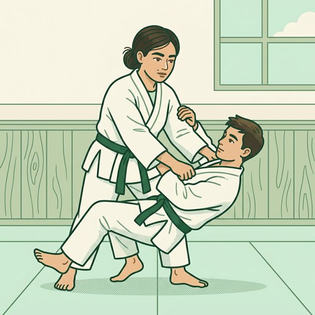Pracownica w judodze z zielonym pasem pokazuje na macie kontrolowany rzut, unosząc partnera trenującego w judodze, w tle okno i drewniane boazerie.