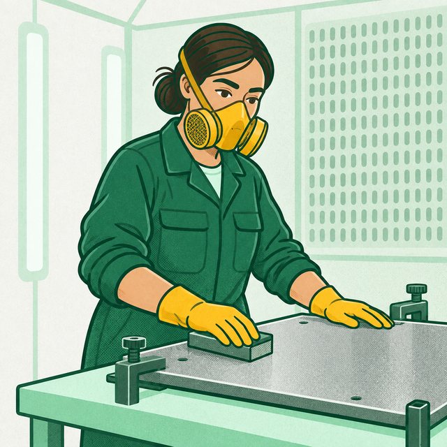 Pracownica w masce i rękawicach matuje metalowy panel konstrukcyjny przed nanoszeniem powłoki.