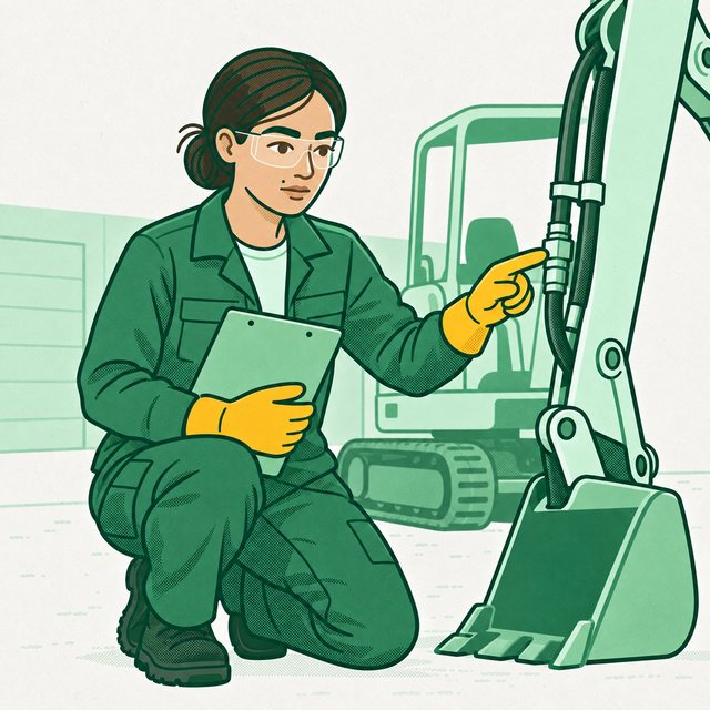 Pracownica w rękawicach kontroluje przewód hydrauliczny unieruchomionej maszyny.