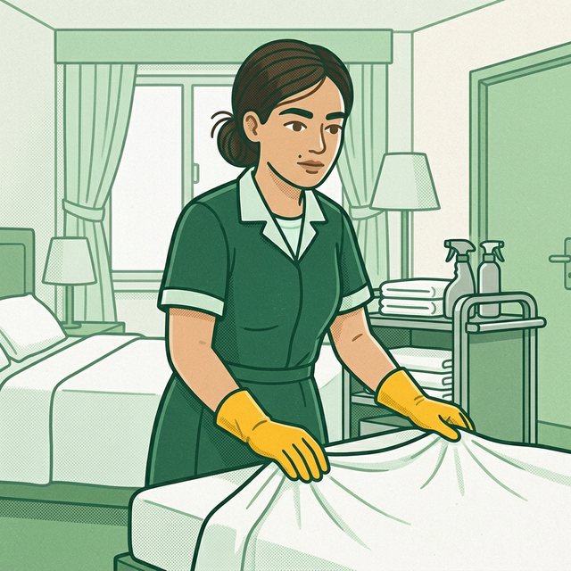 Pracownica w fartuchu pokojowej i rękawicach ściele łóżko w pokoju hotelowym i rozkłada prześcieradło, obok wózek z ręcznikami i środkami czystości, w tle okno z zasłonami.