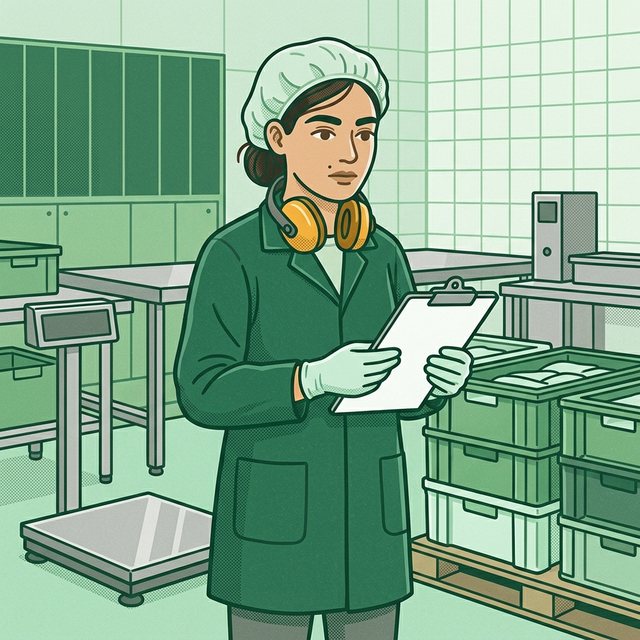 Pracownica w czepku, z ochronnikami słuchu na szyi, w fartuchu i rękawiczkach jednorazowych sprawdza dokumenty dostawy na podkładce w hali przyjęcia, obok waga podłogowa i stosy pojemników na palecie.