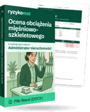 Pudełko dokumentu „Ocena obciążenia mięśniowo-szkieletowego” ze znakiem Ryzykomat i napisem „Plik Word (DOCX)” na froncie, ilustracja stanowiska „Administrator nieruchomości”; zza pudełka wystaje strona prawdziwego dokumentu z rozmytą treścią