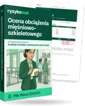 Pudełko dokumentu „Ocena obciążenia mięśniowo-szkieletowego” ze znakiem Ryzykomat i napisem „Plik Word (DOCX)” na froncie, ilustracja stanowiska „Analityk trendów rynkowych (cool hunter)”; zza pudełka wystaje strona prawdziwego dokumentu z rozmytą treścią