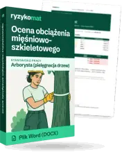 Pudełko dokumentu „Ocena obciążenia mięśniowo-szkieletowego” ze znakiem Ryzykomat i napisem „Plik Word (DOCX)” na froncie, ilustracja stanowiska „Arborysta (pielęgnacja drzew)”; zza pudełka wystaje strona prawdziwego dokumentu z rozmytą treścią