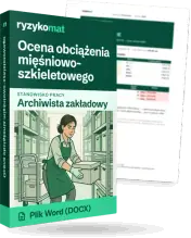 Pudełko dokumentu „Ocena obciążenia mięśniowo-szkieletowego” ze znakiem Ryzykomat i napisem „Plik Word (DOCX)” na froncie, ilustracja stanowiska „Archiwista zakładowy”; zza pudełka wystaje strona prawdziwego dokumentu z rozmytą treścią