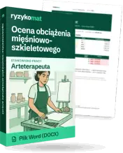 Pudełko dokumentu „Ocena obciążenia mięśniowo-szkieletowego” ze znakiem Ryzykomat i napisem „Plik Word (DOCX)” na froncie, ilustracja stanowiska „Arteterapeuta”; zza pudełka wystaje strona prawdziwego dokumentu z rozmytą treścią