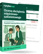 Pudełko dokumentu „Ocena obciążenia mięśniowo-szkieletowego” ze znakiem Ryzykomat i napisem „Plik Word (DOCX)” na froncie, ilustracja stanowiska „Asystent nauczyciela w szkole”; zza pudełka wystaje strona prawdziwego dokumentu z rozmytą treścią