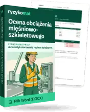 Pudełko dokumentu „Ocena obciążenia mięśniowo-szkieletowego” ze znakiem Ryzykomat i napisem „Plik Word (DOCX)” na froncie, ilustracja stanowiska „Automatyk sterowania ruchem kolejowym”; zza pudełka wystaje strona prawdziwego dokumentu z rozmytą treścią