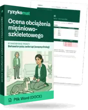 Pudełko dokumentu „Ocena obciążenia mięśniowo-szkieletowego” ze znakiem Ryzykomat i napisem „Plik Word (DOCX)” na froncie, ilustracja stanowiska „Behawiorysta zwierząt (zoopsycholog)”; zza pudełka wystaje strona prawdziwego dokumentu z rozmytą treścią