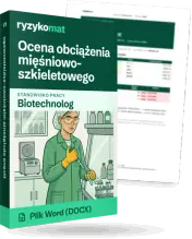 Pudełko dokumentu „Ocena obciążenia mięśniowo-szkieletowego” ze znakiem Ryzykomat i napisem „Plik Word (DOCX)” na froncie, ilustracja stanowiska „Biotechnolog”; zza pudełka wystaje strona prawdziwego dokumentu z rozmytą treścią