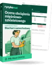Pudełko dokumentu „Ocena obciążenia mięśniowo-szkieletowego” ze znakiem Ryzykomat i napisem „Plik Word (DOCX)” na froncie, ilustracja stanowiska „Blacharz samochodowy”; zza pudełka wystaje strona prawdziwego dokumentu z rozmytą treścią