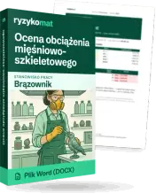 Pudełko dokumentu „Ocena obciążenia mięśniowo-szkieletowego” ze znakiem Ryzykomat i napisem „Plik Word (DOCX)” na froncie, ilustracja stanowiska „Brązownik”; zza pudełka wystaje strona prawdziwego dokumentu z rozmytą treścią