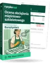 Pudełko dokumentu „Ocena obciążenia mięśniowo-szkieletowego” ze znakiem Ryzykomat i napisem „Plik Word (DOCX)” na froncie, ilustracja stanowiska „Bursztyniarz”; zza pudełka wystaje strona prawdziwego dokumentu z rozmytą treścią