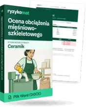 Pudełko dokumentu „Ocena obciążenia mięśniowo-szkieletowego” ze znakiem Ryzykomat i napisem „Plik Word (DOCX)” na froncie, ilustracja stanowiska „Ceramik”; zza pudełka wystaje strona prawdziwego dokumentu z rozmytą treścią