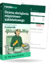 Pudełko dokumentu „Ocena obciążenia mięśniowo-szkieletowego” ze znakiem Ryzykomat i napisem „Plik Word (DOCX)” na froncie, ilustracja stanowiska „Cukiernik”; zza pudełka wystaje strona prawdziwego dokumentu z rozmytą treścią