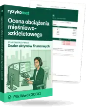 Pudełko dokumentu „Ocena obciążenia mięśniowo-szkieletowego” ze znakiem Ryzykomat i napisem „Plik Word (DOCX)” na froncie, ilustracja stanowiska „Dealer aktywów finansowych”; zza pudełka wystaje strona prawdziwego dokumentu z rozmytą treścią