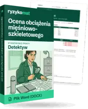 Pudełko dokumentu „Ocena obciążenia mięśniowo-szkieletowego” ze znakiem Ryzykomat i napisem „Plik Word (DOCX)” na froncie, ilustracja stanowiska „Detektyw”; zza pudełka wystaje strona prawdziwego dokumentu z rozmytą treścią