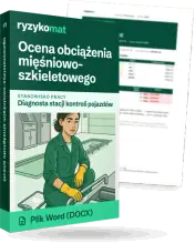 Pudełko dokumentu „Ocena obciążenia mięśniowo-szkieletowego” ze znakiem Ryzykomat i napisem „Plik Word (DOCX)” na froncie, ilustracja stanowiska „Diagnosta stacji kontroli pojazdów”; zza pudełka wystaje strona prawdziwego dokumentu z rozmytą treścią