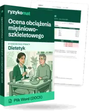 Pudełko dokumentu „Ocena obciążenia mięśniowo-szkieletowego” ze znakiem Ryzykomat i napisem „Plik Word (DOCX)” na froncie, ilustracja stanowiska „Dietetyk”; zza pudełka wystaje strona prawdziwego dokumentu z rozmytą treścią