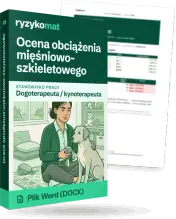 Pudełko dokumentu „Ocena obciążenia mięśniowo-szkieletowego” ze znakiem Ryzykomat i napisem „Plik Word (DOCX)” na froncie, ilustracja stanowiska „Dogoterapeuta / kynoterapeuta”; zza pudełka wystaje strona prawdziwego dokumentu z rozmytą treścią