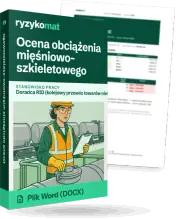 Pudełko dokumentu „Ocena obciążenia mięśniowo-szkieletowego” ze znakiem Ryzykomat i napisem „Plik Word (DOCX)” na froncie, ilustracja stanowiska „Doradca RID (kolejowy przewóz towarów niebezpiecznych)”; zza pudełka wystaje strona prawdziwego dokumentu z rozmytą treścią