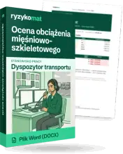 Pudełko dokumentu „Ocena obciążenia mięśniowo-szkieletowego” ze znakiem Ryzykomat i napisem „Plik Word (DOCX)” na froncie, ilustracja stanowiska „Dyspozytor transportu”; zza pudełka wystaje strona prawdziwego dokumentu z rozmytą treścią