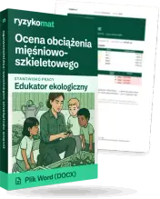 Pudełko dokumentu „Ocena obciążenia mięśniowo-szkieletowego” ze znakiem Ryzykomat i napisem „Plik Word (DOCX)” na froncie, ilustracja stanowiska „Edukator ekologiczny”; zza pudełka wystaje strona prawdziwego dokumentu z rozmytą treścią