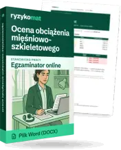 Pudełko dokumentu „Ocena obciążenia mięśniowo-szkieletowego” ze znakiem Ryzykomat i napisem „Plik Word (DOCX)” na froncie, ilustracja stanowiska „Egzaminator online”; zza pudełka wystaje strona prawdziwego dokumentu z rozmytą treścią
