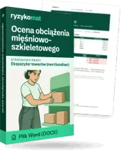 Pudełko dokumentu „Ocena obciążenia mięśniowo-szkieletowego” ze znakiem Ryzykomat i napisem „Plik Word (DOCX)” na froncie, ilustracja stanowiska „Ekspozytor towarów (merchandiser)”; zza pudełka wystaje strona prawdziwego dokumentu z rozmytą treścią