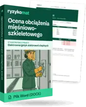 Pudełko dokumentu „Ocena obciążenia mięśniowo-szkieletowego” ze znakiem Ryzykomat i napisem „Plik Word (DOCX)” na froncie, ilustracja stanowiska „Elektroenergetyk elektrowni cieplnych”; zza pudełka wystaje strona prawdziwego dokumentu z rozmytą treścią