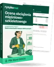Pudełko dokumentu „Ocena obciążenia mięśniowo-szkieletowego” ze znakiem Ryzykomat i napisem „Plik Word (DOCX)” na froncie, ilustracja stanowiska „Elektromechanik maszyn elektrycznych”; zza pudełka wystaje strona prawdziwego dokumentu z rozmytą treścią