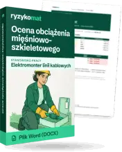 Pudełko dokumentu „Ocena obciążenia mięśniowo-szkieletowego” ze znakiem Ryzykomat i napisem „Plik Word (DOCX)” na froncie, ilustracja stanowiska „Elektromonter linii kablowych”; zza pudełka wystaje strona prawdziwego dokumentu z rozmytą treścią
