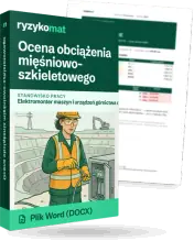 Pudełko dokumentu „Ocena obciążenia mięśniowo-szkieletowego” ze znakiem Ryzykomat i napisem „Plik Word (DOCX)” na froncie, ilustracja stanowiska „Elektromonter maszyn i urządzeń górnictwa odkrywkowego”; zza pudełka wystaje strona prawdziwego dokumentu z rozmytą treścią