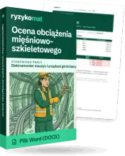 Pudełko dokumentu „Ocena obciążenia mięśniowo-szkieletowego” ze znakiem Ryzykomat i napisem „Plik Word (DOCX)” na froncie, ilustracja stanowiska „Elektromonter maszyn i urządzeń górnictwa podziemnego”; zza pudełka wystaje strona prawdziwego dokumentu z rozmytą treścią