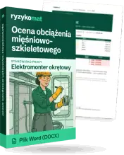 Pudełko dokumentu „Ocena obciążenia mięśniowo-szkieletowego” ze znakiem Ryzykomat i napisem „Plik Word (DOCX)” na froncie, ilustracja stanowiska „Elektromonter okrętowy”; zza pudełka wystaje strona prawdziwego dokumentu z rozmytą treścią