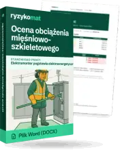 Pudełko dokumentu „Ocena obciążenia mięśniowo-szkieletowego” ze znakiem Ryzykomat i napisem „Plik Word (DOCX)” na froncie, ilustracja stanowiska „Elektromonter pogotowia elektroenergetycznego”; zza pudełka wystaje strona prawdziwego dokumentu z rozmytą treścią