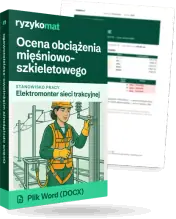 Pudełko dokumentu „Ocena obciążenia mięśniowo-szkieletowego” ze znakiem Ryzykomat i napisem „Plik Word (DOCX)” na froncie, ilustracja stanowiska „Elektromonter sieci trakcyjnej”; zza pudełka wystaje strona prawdziwego dokumentu z rozmytą treścią