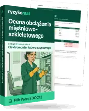 Pudełko dokumentu „Ocena obciążenia mięśniowo-szkieletowego” ze znakiem Ryzykomat i napisem „Plik Word (DOCX)” na froncie, ilustracja stanowiska „Elektromonter taboru szynowego”; zza pudełka wystaje strona prawdziwego dokumentu z rozmytą treścią