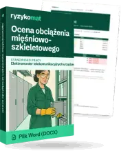 Pudełko dokumentu „Ocena obciążenia mięśniowo-szkieletowego” ze znakiem Ryzykomat i napisem „Plik Word (DOCX)” na froncie, ilustracja stanowiska „Elektromonter telekomunikacyjnych urządzeń zasilających”; zza pudełka wystaje strona prawdziwego dokumentu z rozmytą treścią