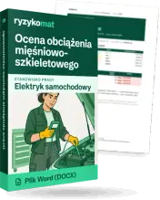 Pudełko dokumentu „Ocena obciążenia mięśniowo-szkieletowego” ze znakiem Ryzykomat i napisem „Plik Word (DOCX)” na froncie, ilustracja stanowiska „Elektryk samochodowy”; zza pudełka wystaje strona prawdziwego dokumentu z rozmytą treścią