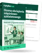 Pudełko dokumentu „Ocena obciążenia mięśniowo-szkieletowego” ze znakiem Ryzykomat i napisem „Plik Word (DOCX)” na froncie, ilustracja stanowiska „Ewaluator programów edukacji”; zza pudełka wystaje strona prawdziwego dokumentu z rozmytą treścią