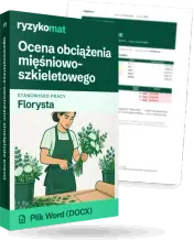 Pudełko dokumentu „Ocena obciążenia mięśniowo-szkieletowego” ze znakiem Ryzykomat i napisem „Plik Word (DOCX)” na froncie, ilustracja stanowiska „Florysta”; zza pudełka wystaje strona prawdziwego dokumentu z rozmytą treścią