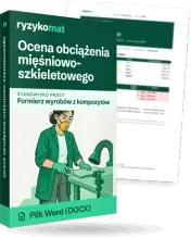 Pudełko dokumentu „Ocena obciążenia mięśniowo-szkieletowego” ze znakiem Ryzykomat i napisem „Plik Word (DOCX)” na froncie, ilustracja stanowiska „Formierz wyrobów z kompozytów”; zza pudełka wystaje strona prawdziwego dokumentu z rozmytą treścią