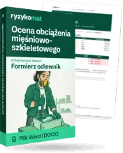 Pudełko dokumentu „Ocena obciążenia mięśniowo-szkieletowego” ze znakiem Ryzykomat i napisem „Plik Word (DOCX)” na froncie, ilustracja stanowiska „Formierz odlewnik”; zza pudełka wystaje strona prawdziwego dokumentu z rozmytą treścią
